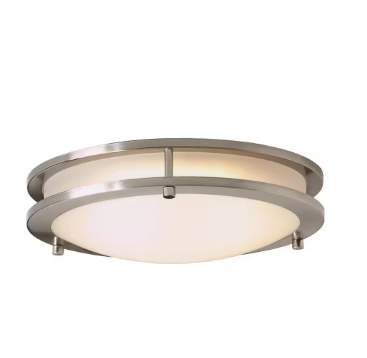 Photo 1 of Hampton Bay
Flaxmere 12 in. Brushed Nickel Dimmable Integrated LED Flush Mount Ceiling Light with Frosted White Glass Shade