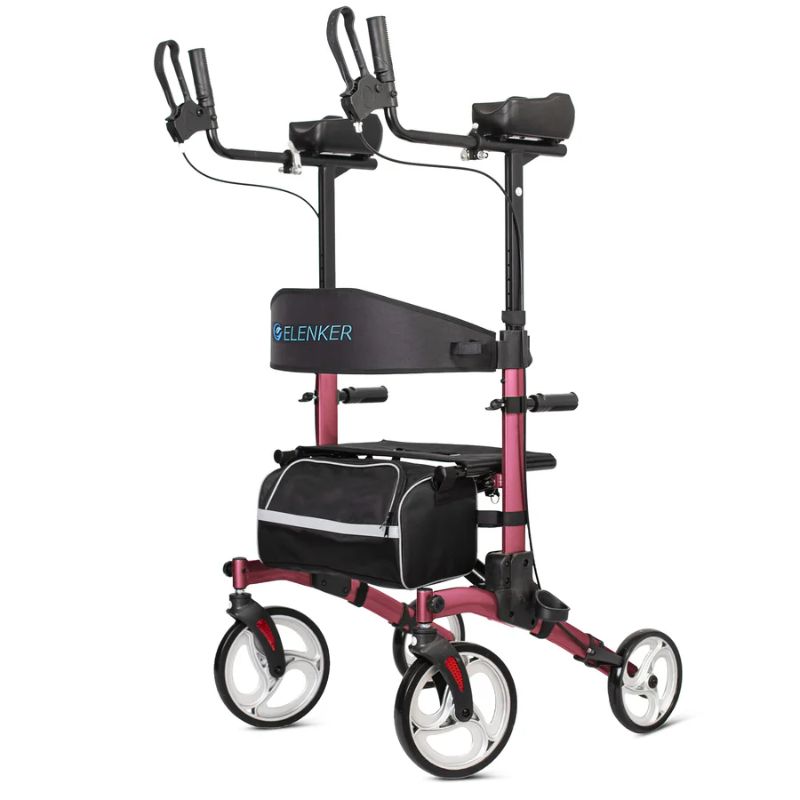 Photo 1 of HFK-9240 ELENKER® Upright Walker, Stand Up Folding Rollator Walker with 10” Front Wheels Backrest Seat and Padded Armrests for Seniors and Adults Bright red
