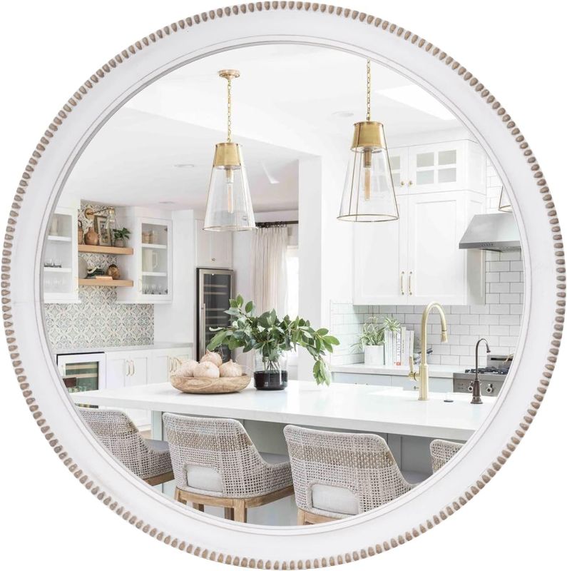 Photo 1 of Wood Circle Mirror,Rustic Farmhouse Wall Mirror 24 inch Round Morden Decoration Wood Large Mirror White Accent Mirror for Bedroom,Living Room
