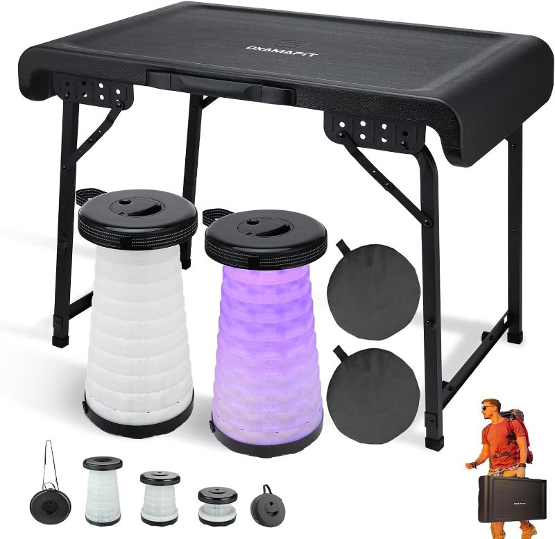 Photo 1 of OXAMAFIT Portable Table and Stools Set, Folding Table and Telescopic Stool with Light and Adjustable Strap, Fold-in-Half Foldable Set for Camping,Picnic,BBQ,Party,Travel?Outdoor and Indoor Use-Black

