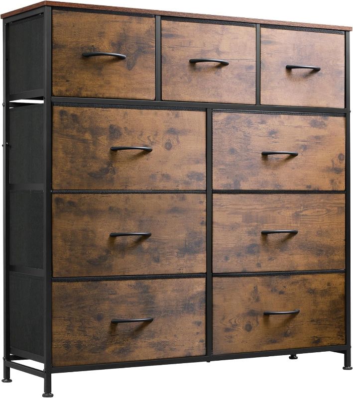Photo 1 of WLIVE 9-Drawer Dresser, Fabric Storage Tower for Bedroom, Hallway, Closet, Tall Chest Organizer Unit with Fabric Bins, Steel Frame, Wood Top, Easy Pull Handle, Rustic Brown Wood Grain Print
