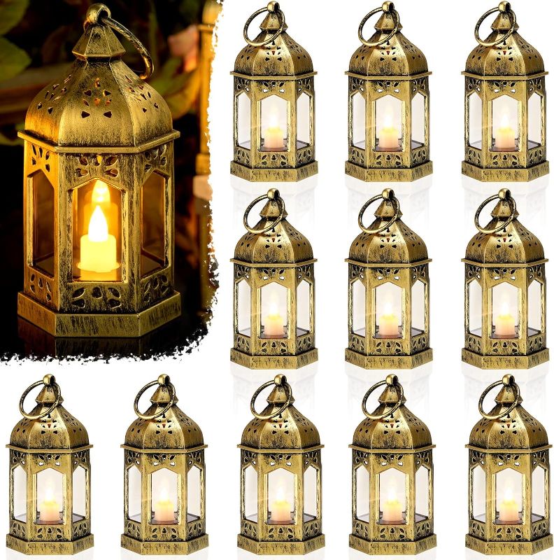 Photo 1 of 12 Pieces Mini Lanterns with Flickering LED Candle, Batteries Included, Decorative Hanging Candle Lantern for Indoor Use, Wedding, Party, Table Centerpiece (Gold)
