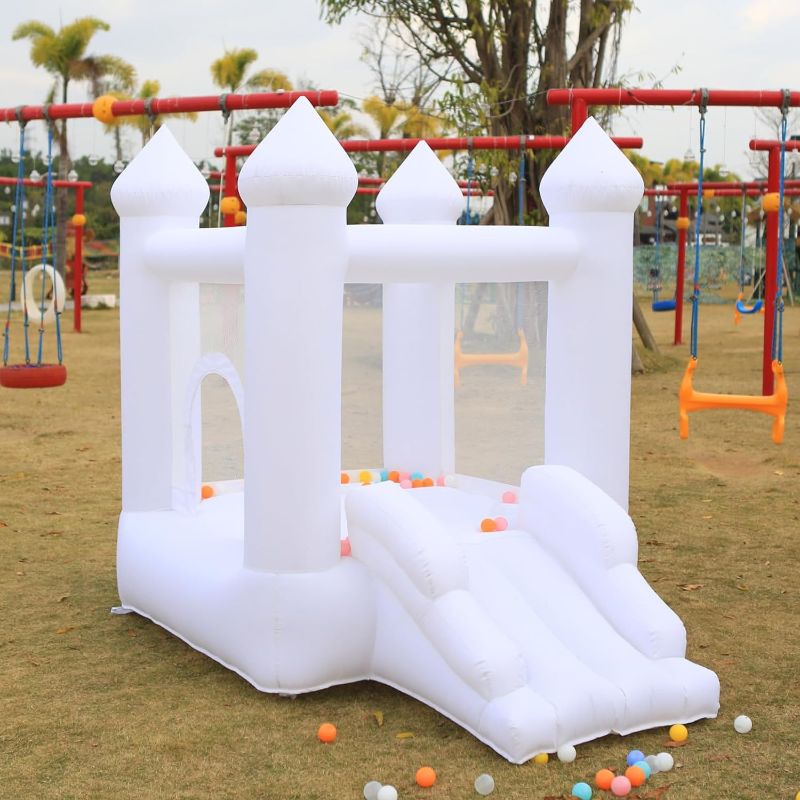 Photo 1 of White Bounce House, Inflatable Trampoline with Air Blower, Jumping Castle with Slide, Family Backyard Inflatable Castle, Crafted with Ultra-Thick Material for Durability, Suitable for Children
