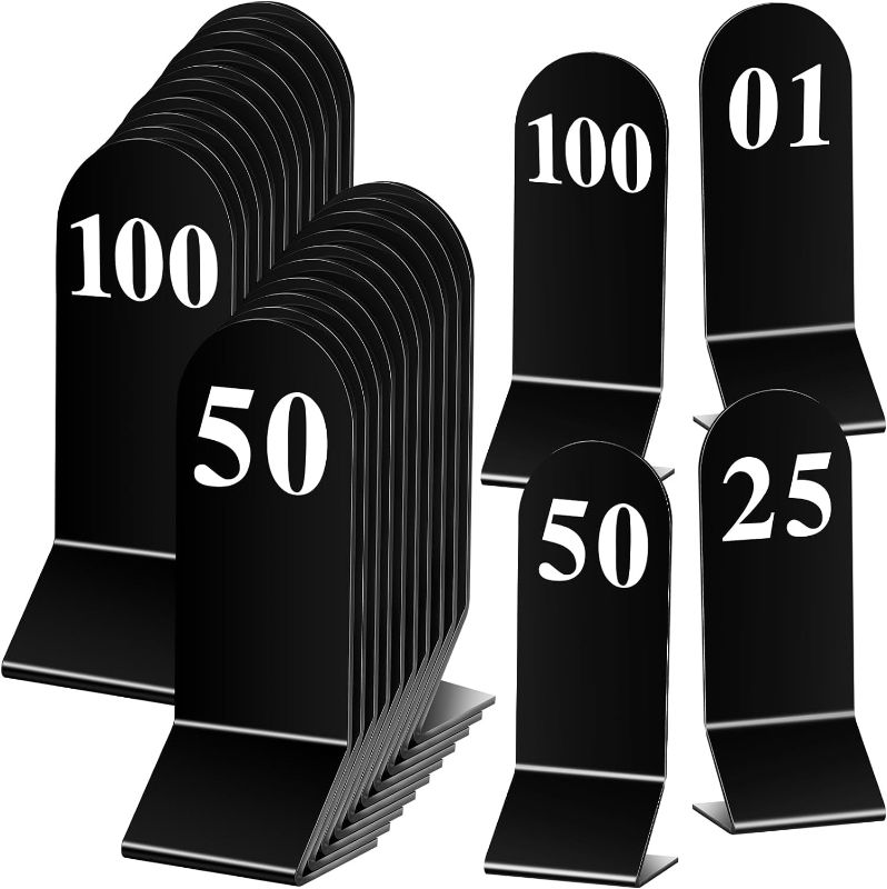 Photo 1 of 100 Pcs Acrylic Table Numbers 1-100 Double Sided Table Number Cards Wedding Table Number Stands Restaurant Table Tent Table Number Signs for Party Banquets Supplies, 2.36 x 6.3 Inch (Black)
