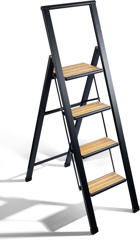 Photo 1 of Step Ladder 4 Step Folding, Decorative - Beautiful Bamboo & Black Aluminum, Ultra Slim Profile, Anti Slip Steps, Sturdy-Portable for Home, Office, Kitchen, Photography Use,by SORFEY
