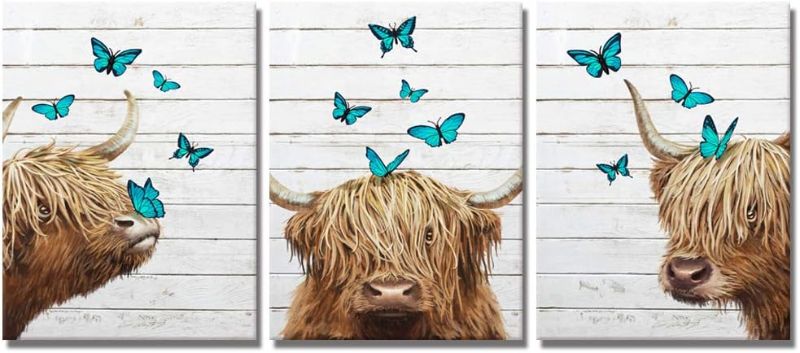 Photo 1 of Welmeco 3 Piece Rustic Farmhouse Highland Cow with Butterfly Painting Printed on Canvas Framed and Stretched Fuuny Farm Animals Potrait Picture for Living Room Bedroom Kids Nursery Room Retro Country
