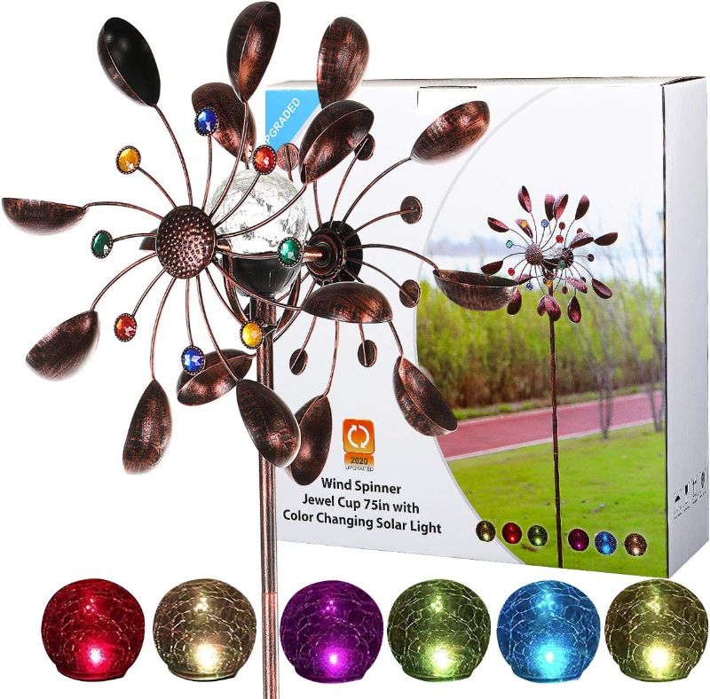 Photo 1 of HDNICEZM Solar Wind Spinner Multi-Color LED Lighting by Solar Powered Glass Ball with Kinetic Wind Aculptures Dual Direction Decorative Lawn Ornament Wind Mill.