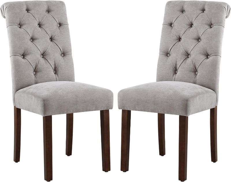 Photo 1 of COLAMY Tufted Dining Chairs Set of 2, Accent Parsons Diner Chairs Upholstered Fabric Dining Room Chairs Side Chair Stylish Kitchen Chairs with Solid Wood Legs and Padded Seat - Light Grey

