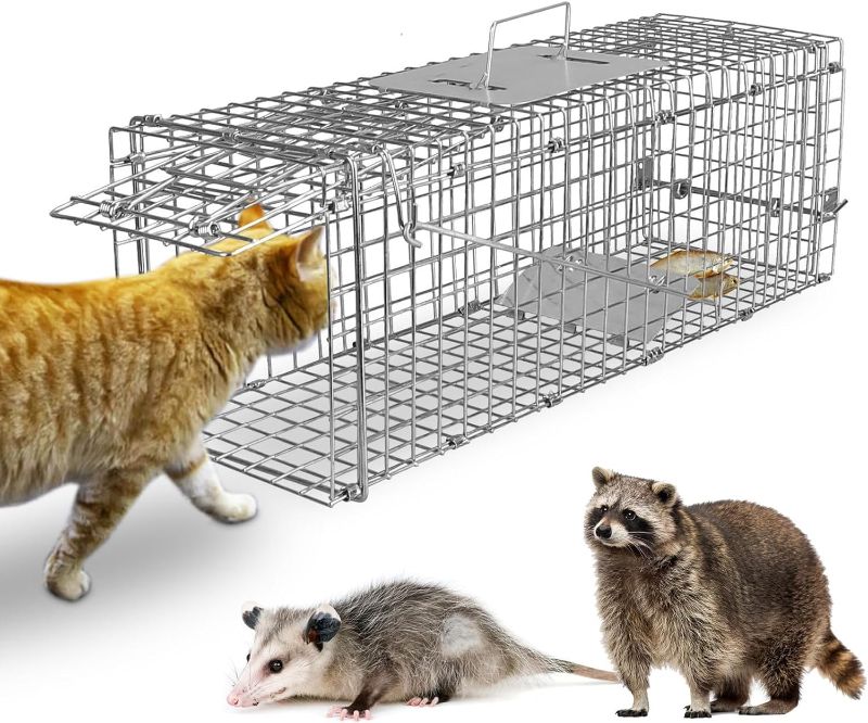 Photo 1 of Live Animal Trap Cage, Foldable Heavy Duty Humane Rat Trap for Indoor and Outdoor, Large Metal Mouse Trap for Squirrel Gopher Chipmunk Mice Raccoon, Easy to Catch and Release 23"x7"x8"
