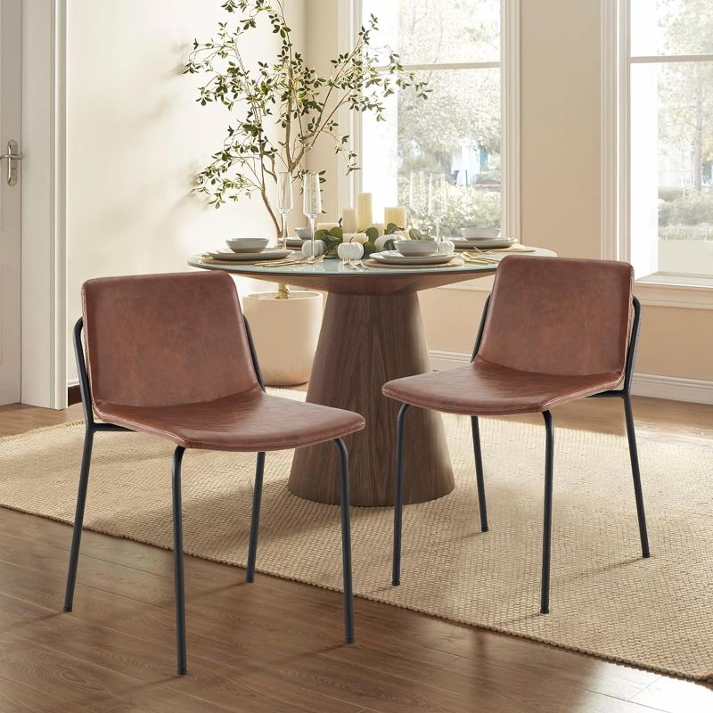 Photo 1 of COLAMY PU Leather Dining Chairs Set of 2, Mid Back Modern Upholstered Dining Room Kitchen Side Chair with Metal Legs for Home/Living Room/Bedroom/Office, Dark Brown
