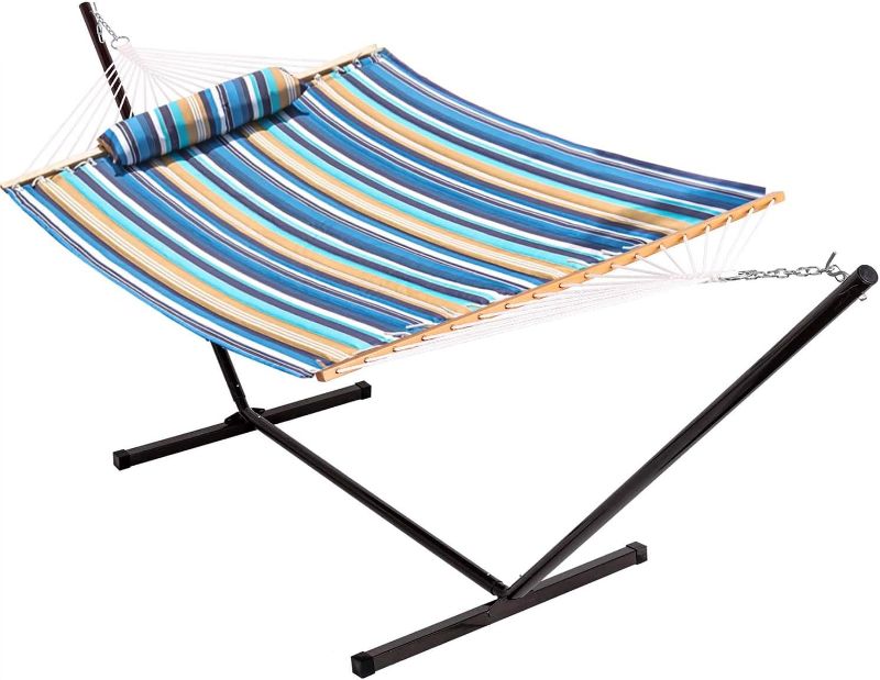 Photo 1 of Lazy Daze Quilted Fabric Hammock with 12-Foot Stand, Double 2-Person Hammock with Pillow for Outdoor Outside Patio, Garden, Backyard, 450LB Capacity, Beach
