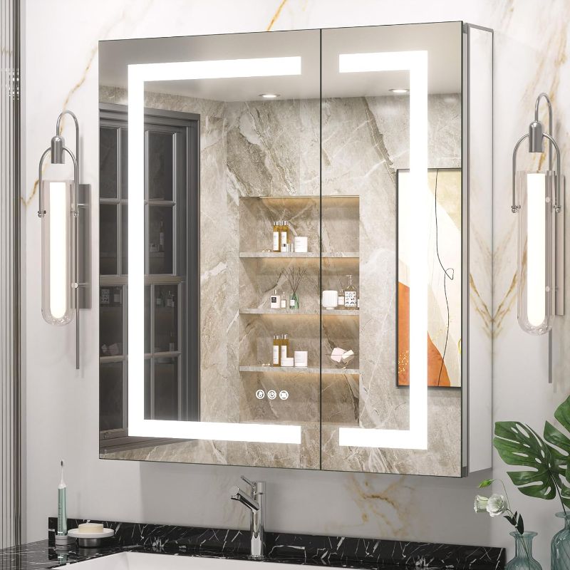 Photo 1 of Keonjinn 30 x 32 Inch LED Medicine Cabinet Mirror for Bathroom with Electrical Outlet Recessed Wall Mount Dimmable Defogging 3 Color Front Lighted Vanity Makeup Mirror for Bathroom Storage
