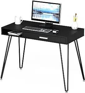 Photo 1 of mDesign Metal/Wood Modern Computer Desk - Minimalist Desk and Computer Table with Drawer - Simple Desk with Storage Cubby and Hairpin Legs - Small Work Desk for Home Office, Study - BLACK