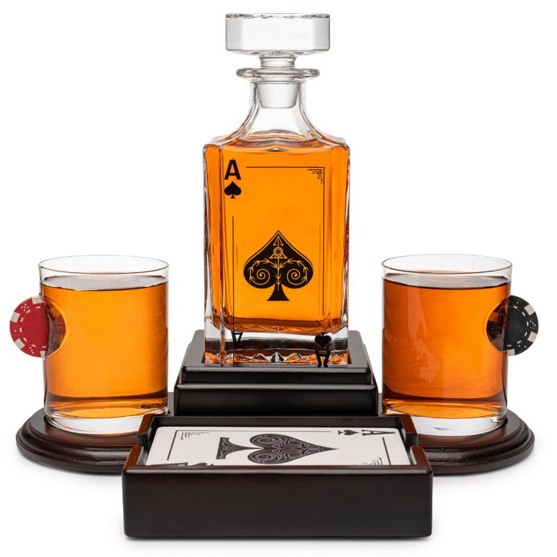 Photo 1 of Poker Whiskey Decanter Set for Men with Whiskey Glass. Texas Holdem No Limit Liquor Gift for Men. Poker Aces Alcohol Decanter Set
