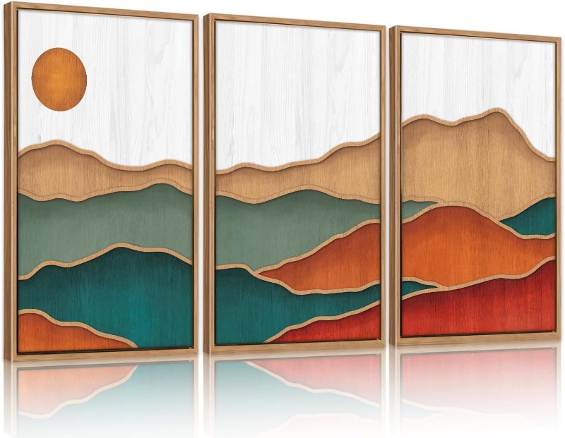 Photo 1 of CHDITB Boho Mountain Line Framed Wall Art(Set of 3, 16"x24"), Watercolor Modern Sun Rising Nature Landscape Art Prints, Abstract Minimalist Japandi Artwork for Living Room Bedroom
