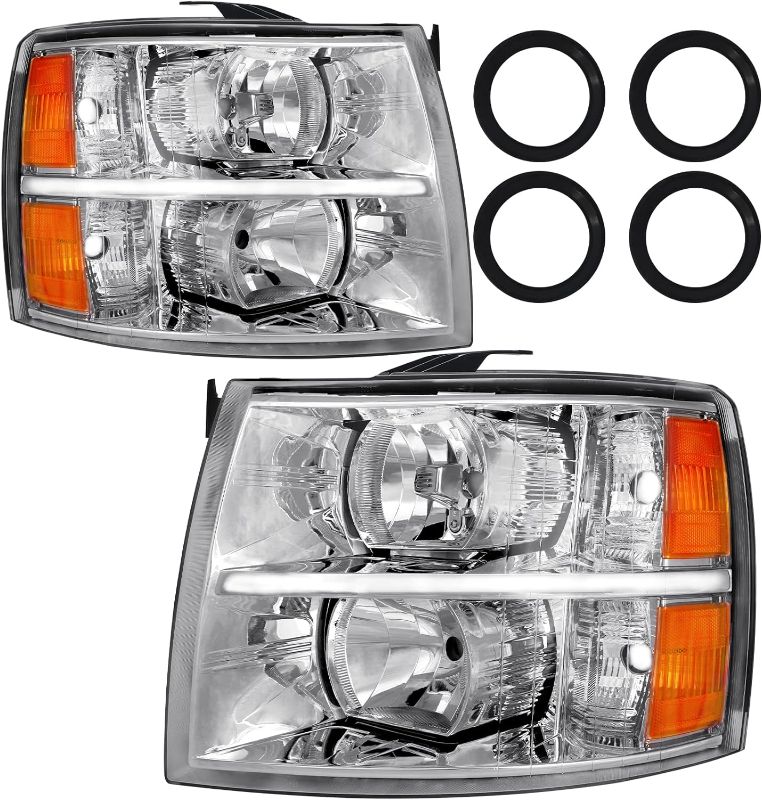 Photo 1 of Headlight Fit For 07-13 Silverado 2007 2008 2009 2010 2011 2012 2013 Chevy Silverado 1500 / 2500HD / 3500HD & 2014 Old Body Style Driver And Passenger Side (Chrome Housing Amber Reflector)

