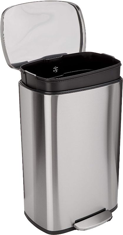 Photo 1 of Amazon Basics Smudge Resistant Rectangular Trash Can With Soft-Close Foot Pedal, Brushed Stainless Steel, 50 Liter/13.2 Gallon, Satin Nickel Finish, 16.7"L x 14.7"W x 25.9"H
