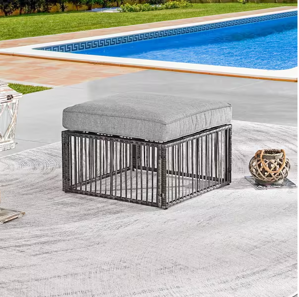 Photo 1 of Patio Festival - Wicker Outdoor Ottoman with Gray Cushion
