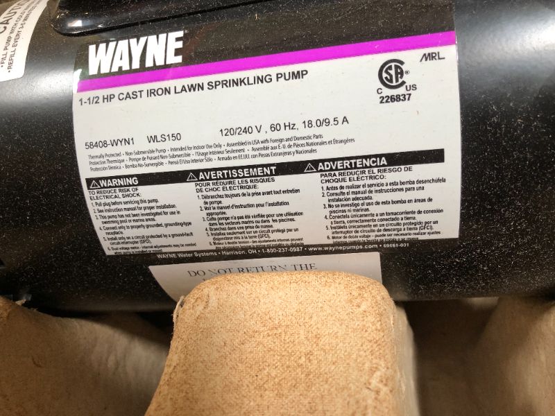 Photo 6 of Wayne WLS150 1.5 HP High Volume Cast Iron Lawn Sprinkling Pump, 1-1/2-Horsepower 1.5 HP Pump