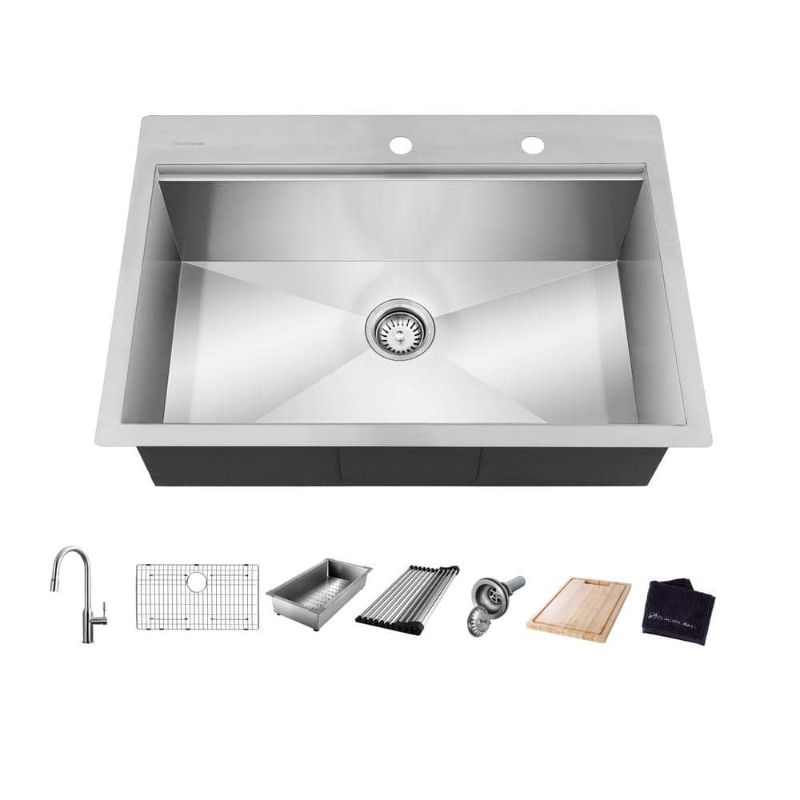 Photo 1 of Glacier Bay All-in-One Zero Radius Drop-in 18G Stainless Steel 30 in. 2-Hole Single Bowl Workstation Kitchen Sink, Pull-Down Faucet, Silver
