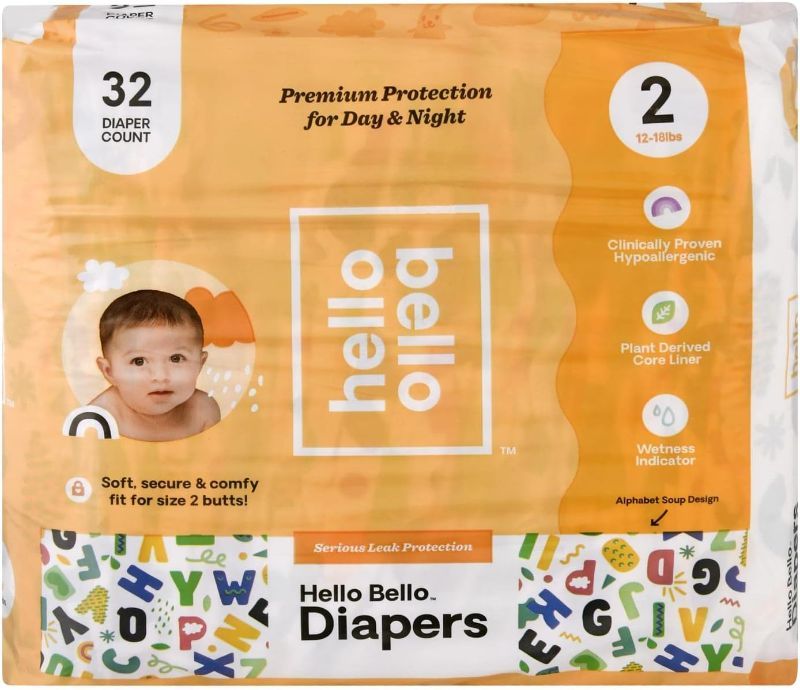 Photo 1 of Hello Bello Premium Baby Diapers Size 2 I 32 Count of Disposeable, Extra-Absorbent, Hypoallergenic, and Eco-Friendly Baby Diapers with Snug and Comfort Fit I Alphabet Soup
