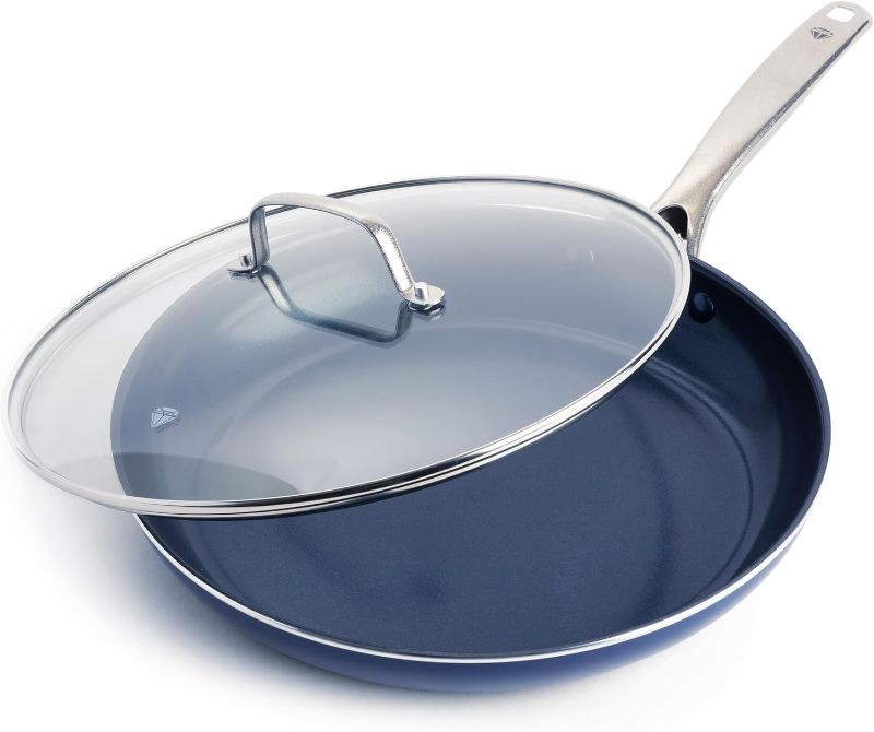 Photo 1 of Blue Diamond Cookware Diamond Infused Ceramic Nonstick 12" Frying Pan Skillet with Lid, PFAS-Free, Dishwasher Safe, Oven Safe, Blue
