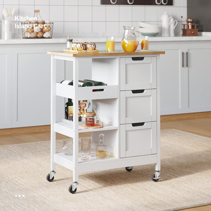 Photo 1 of *box 2 of 2* YITAHOME Small Solid Wood Top Kitchen Island Cart on Wheels with Storage, Rolling Portable Dining Room Serving Utility Carts Mobile Movable with 3 Drawers Cabinet, Oak & White
