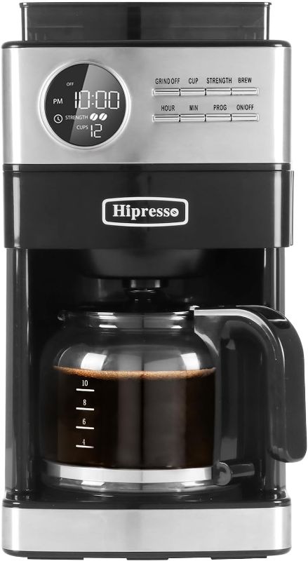 Photo 1 of Hipresso Programmable Drip Coffee Maker with Burr Grinder,12 Cups,Black/Stainless Steel with Water Filter
