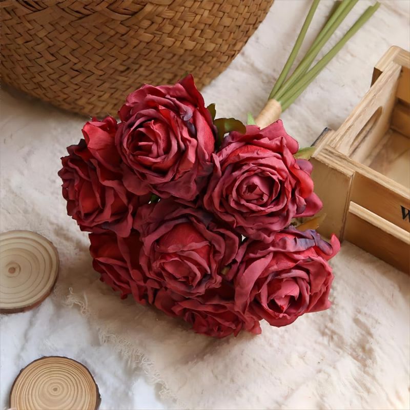 Photo 1 of Jasion 10PCS Artificial Roses Flowers Curled Craft Realistic Flowers Festival Bouquet Ceremony Home Decor Silk Flowers Without Vase (Red)
