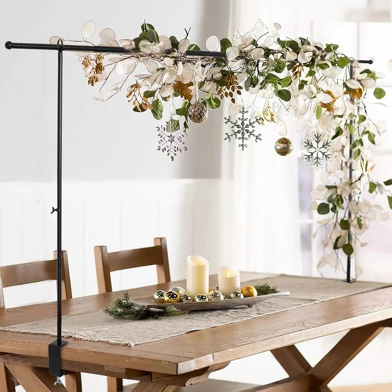 Photo 1 of Over The Table Rod Stand with Clamps, Adjustable Table Arch Stand, 46-83’’ Length, Balloon Table Stand, Decorated Flower Arch for Party, Birthday, Wedding, Halloween, Christmas, Thanksgiving Day, Gold Sturdy BLACK 