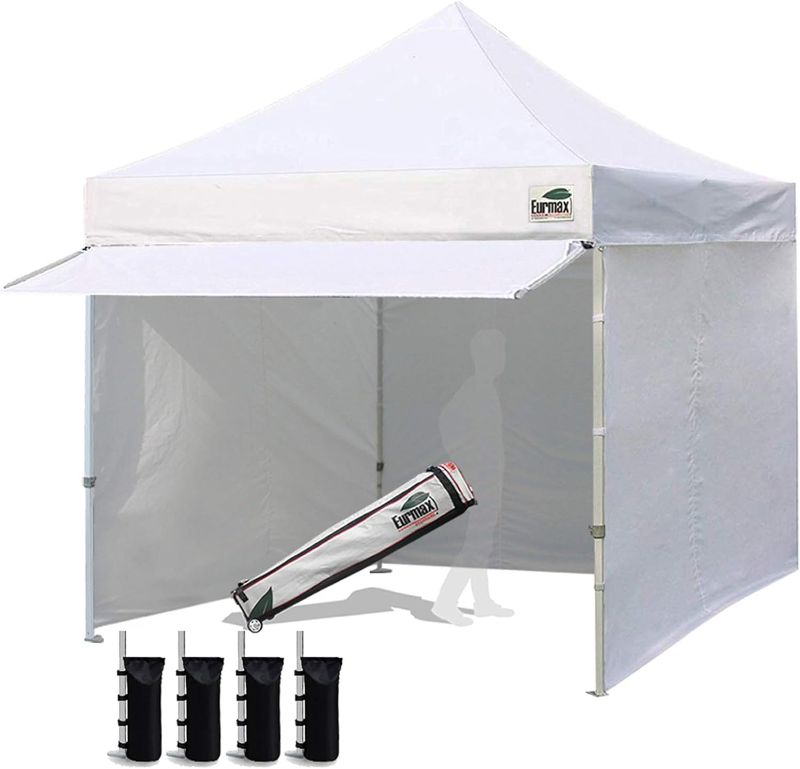 Photo 1 of Eurmax USA 10 x 10 Pop up Canopy Commercial Tent Outdoor Party Canopies with 4 Removable Zippered Sidewalls and Roller Bag Bonus 4 Canopy Sand Bags & 24 Squre Ft Extended Awning(White)
