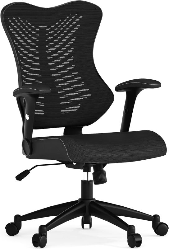 Photo 1 of Flash Furniture Kale High Back Designer Black Mesh Executive Swivel Ergonomic Office Chair with LeatherSoft Seat and Adjustable Arms Black Leathersoft/Mesh