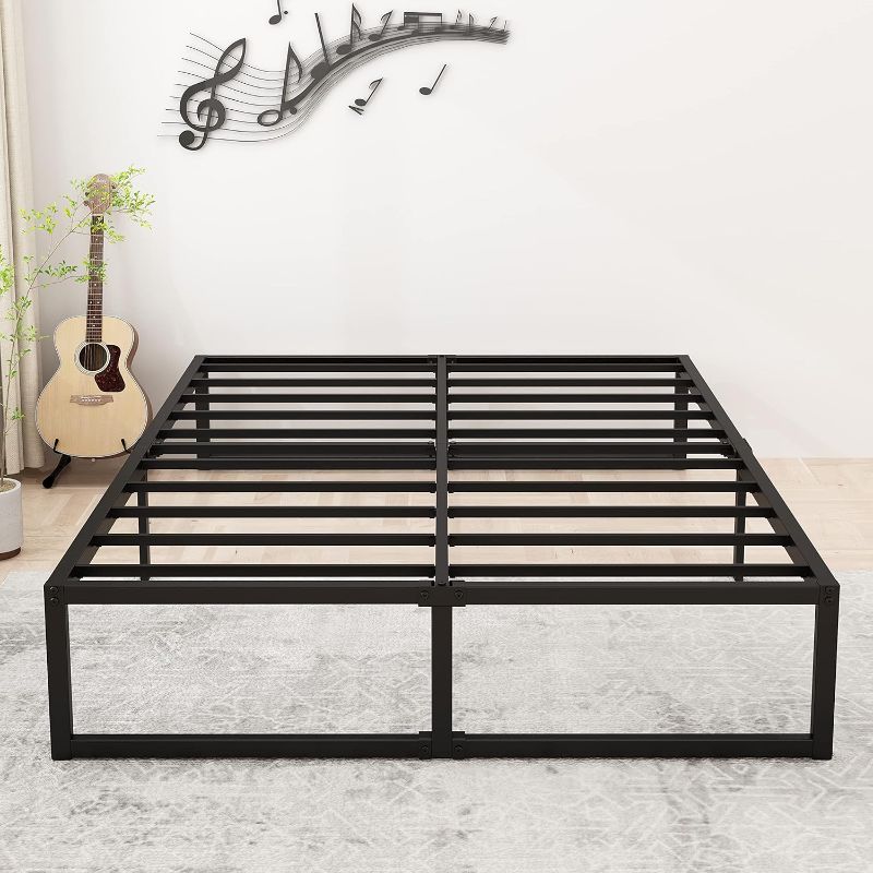 Photo 1 of 14 Inch Queen Bed Frame Heavy Duty Steel Slat Support Metal Platform Bed Frame Queen Size No Box Spring Needed, Easy Assembly, Black
