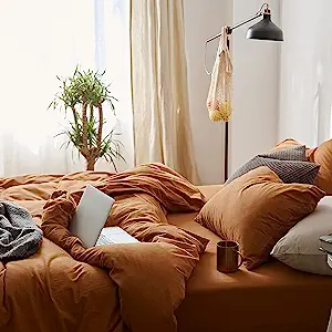 Photo 1 of Omelas Caramel Pumpkin Duvet Cover Full Size Burnt Orange Rust Modern Minimalist Style Solid Color Bedding Sets 3 Pieces Soft Microfiber Comforter Covers with Zipper Closure for Women Men