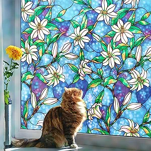 Photo 1 of Coavas Stained Glass Window Film?Static Cling Window Privacy Film Decorative UV Sun Blocking Non-Adhesive Glass Window Covering for Home Bathroom 17.7'x78.7'