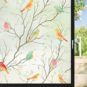 Photo 1 of Viseeko Window Privacy Film Bird Stained Glass Decorative Window Tinting Film for Home Frosted Window Clings Bathroom Door Window Cover Day and Night Privacy Heat Blocking Floral Window Stickers