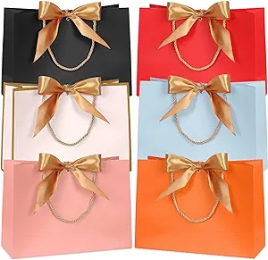 Photo 1 of Colorlife Gift Bags 6 Pack Small Favor Bags with Handles and Bow Ribbon 11 x 3.9 x 7.8 inch Waterproof Colorful Paper Gift Bags for Baby Shower, Birthday, Wedding, Party, Festival, Holiday, 6 Colors
