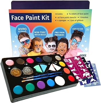 Photo 1 of QBIX Complete Face Paint Set – Set of 14 Colours Make Up Accessories – with Glitter, Brushes, and Sponges – Non-Toxic Water-Based Paint – Paint Brush Ideal for Make Up – Festival Accessories