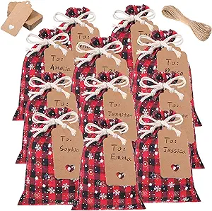 Photo 1 of 48 Pcs Christmas Drawstring Bags Xmas Buffalo Plaid Burlap Candy Bags Linen Treat Bags Holiday Party Favor Christmas Sack Sachet Bag with Cards and Rope (Black Red, 7 x 5 Inch)