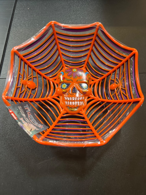 Photo 2 of Triumpeek Halloween Party Supplies, Set of 3 Halloween Plastic Trick Treat Bowls, Candy bowl Holder Halloween Spider Web Bowl for Day of The Dead in Orange, Purple and Black