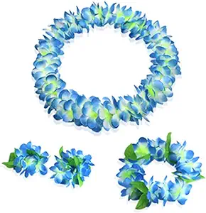 Photo 1 of 4 Pcs Blue Hawaiian Leis with Green Leaves for Graduation Party, Dance Party, Photo Prop in Outdoors (Blue)