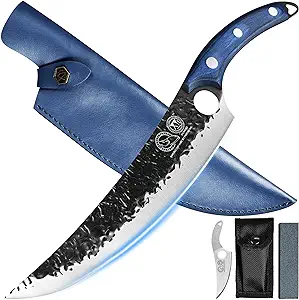 Photo 1 of XYJ FULL TANG 10 Inch Stainless Steel Boning Knife Chef Fishing Knives Carry Leather Sheath Outdoor Cooking Knives Meat Butcher Knife For Camping Kitchen or Outdoor BBQ Blue, 10 Inch