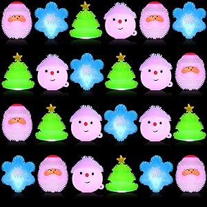 Photo 2 of 24 Pack Christmas Stress Toys Gifts for Boys Girls Light up LED Fidget Christmas Tree Snowflake Snowman Santa Claus Fidget Stress Xmas Party Favors Bags Filler