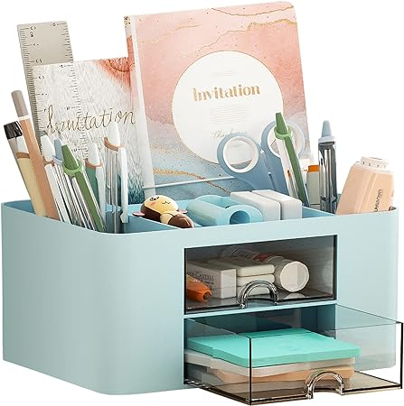 Photo 1 of Marbrasse Pen Organizer with 2 Drawer, Multi-Functional Pencil Holder for Desk, Desk Organizers and Accessories with 5 Compartments + Drawer for Office Art Supplies (Blue)