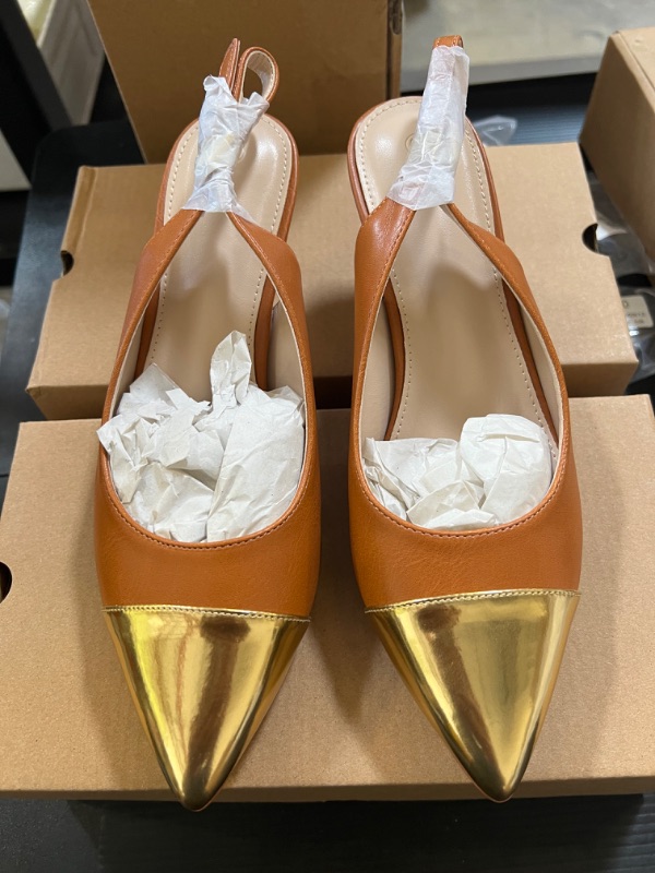 Photo 1 of Lvemas Womens Slingback Kitten Heels Pointed Closed Toe Two Tone Low Heels Gold Party Wedding Dress Shoes 6.5 Apricot