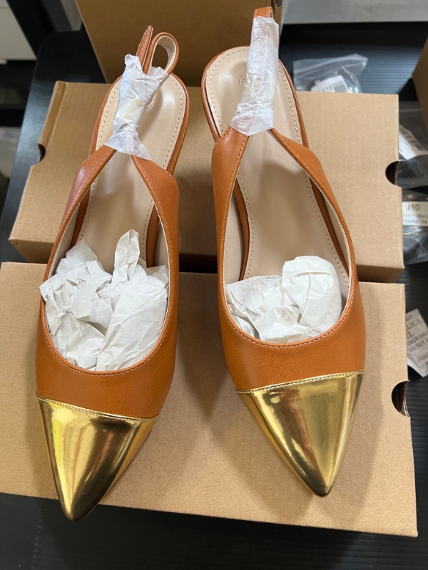 Photo 3 of Lvemas Womens Slingback Kitten Heels Pointed Closed Toe Two Tone Low Heels Gold Party Wedding Dress Shoes 6.5 Apricot