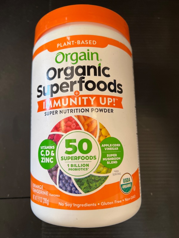 Photo 1 of Greens Powder + Superfoods Immune Support, Orgain Organic Immunity Up! Powder, Orange Tangerine - Vitamin D, Vitamin C, Zinc, Apple Cider Vinegar, Probiotics, Ashwagandha & Reishi Mushrooms - 0.62lb   03-15-2024