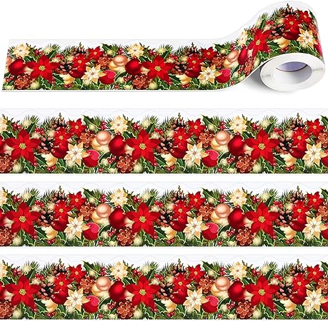 Photo 1 of 69 Feet Poinsettia Bulletin Board Borders Christmas Bulletin Board Sticker Xmas Ball Ornament Borders Trim Christmas Bulletin Board Decoration for Winter Holiday Classroom Home Decor (Red and Gold)