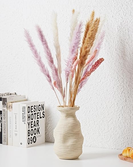 Photo 1 of White Textured Striped Ceramic Vase, Handmade Beige Vases Home Decor, Vintage Farmhouse Flower Vase Home Décor for Dried Pampas Grass, Living Room, Cafe Table Decor(9.25x5.51in)