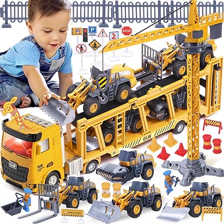 Photo 1 of Tacobear Big Construction Toys 3 4 5 6 Year Old with Light & Sound, Toddler Car Truck Toys - Toy Trucks/Crane Toy/Roller/Bulldozer/Forklift/Snow Plow, Boy Birthday Gift Outdoor Toys for Kids 3+
